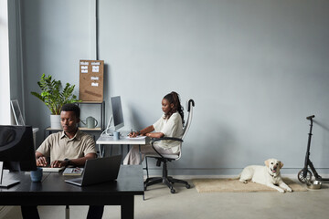 Wide angle view at modern office interior with dog lying on floor, pet friendly workspace, copy...