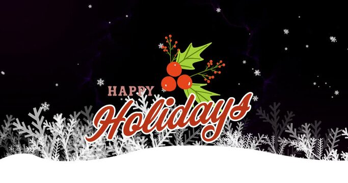 Animation of christmas greetings text over snow falling and christmas holly decorations