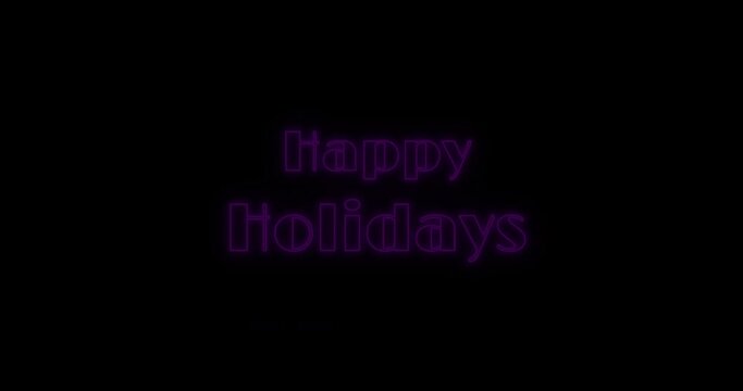 Animation of happy holidays christmas neon purple text over black background