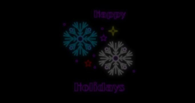 Animation of happy holidays christmas neon text and snowflakes over black background