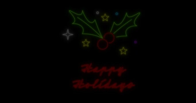 Animation of happy holidays christmas neon text and holy over black background