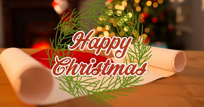 Animation of happy christmas text over christmas decorations in background