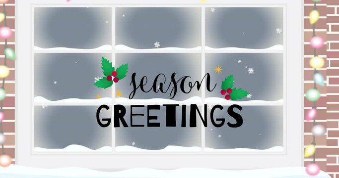 Animation of season greetings christmas text over winter snowy window