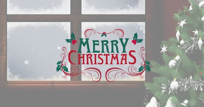 Animation of merry christmas text and tree over winter snowy window
