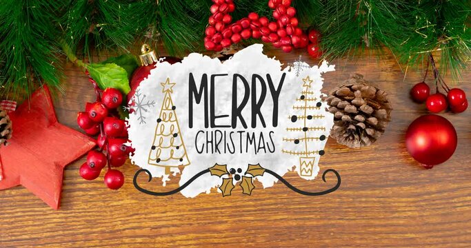 Animation of merry christmas text and decorations on wooden background
