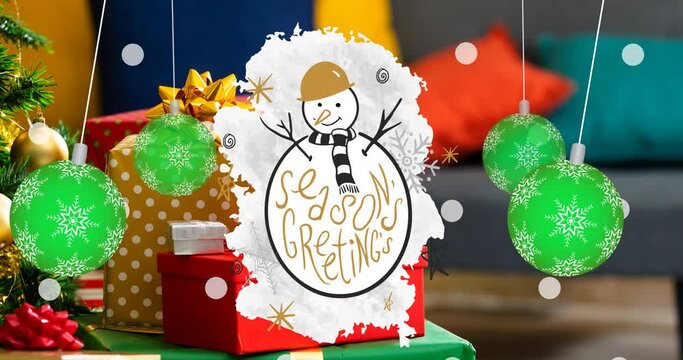 Animation of season greetings christmas text and snowman on blurred decorations in background