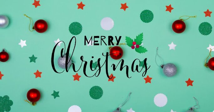 Animation of merry christmas text and decorations on green background