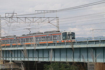 Fototapeta na wymiar 橋を渡る東海道線の車両