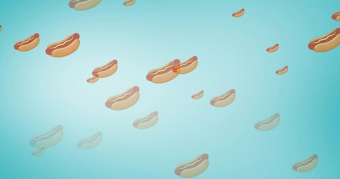 Animation of multiple hot dogs floating on blue background