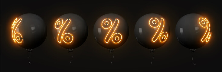 Balloons of set realistic 3d design. Stylish black ballons with neon symbol percent discounts isolated on dark background. Vector illustration - obrazy, fototapety, plakaty