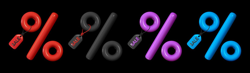 Set of Minimal 3d percent sign, Label symbol sales discount. Multicolored chameleon, red, purple and blue. Realistic design element. Black Friday Sale. Vector illustration