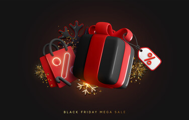 Black Friday. Christmas sale. New Year discounts. Realistic 3d objects design, red gift box, dark snowflake, glittering confetti, Shopping bag. Holiday surprise and present. Vector illustration