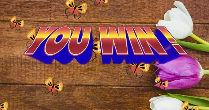 Animation of you win text in red and blue letters over butterflies and tulips on wooden background
