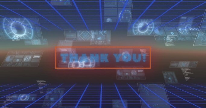 Animation of thank you in digital abstract space with screens