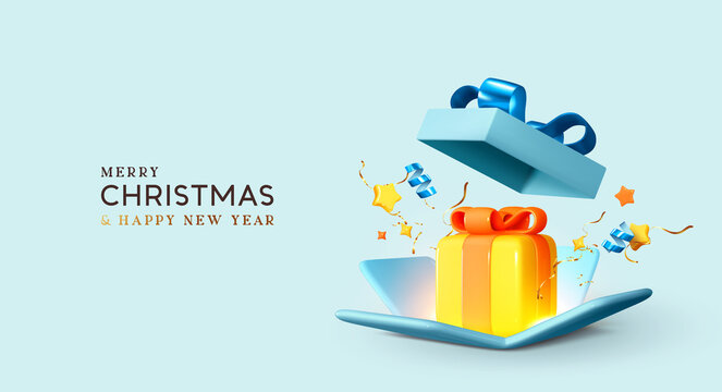 Merry Christmas and Happy New Year. Background with realistic 3d festive blue open gifts box. Xmas sale present. Holiday decorative yellow boxes, Holiday gift surprise. Vector illustration