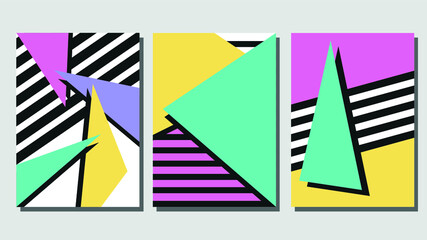 Set of cover design in Memphis style. Years’90. Geometric design, abstract background. Fashionable bright cover, banner, poster, booklet. Creative colors. Vector