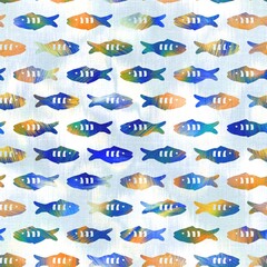 Batik fish tie dye wash background. Mottled underwater swimming fishes for beach swimwear. Fun summer trendy beach fashion print. Digital fluid watercolor effect. High resolution seamless pattern.