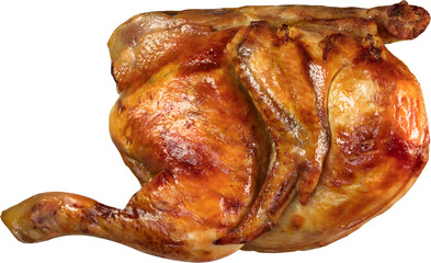 Close up of half roast chicken isolated on white background.