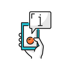 Chat info, fax, help, support center on phone sign isolated color line icon. Vector helpdesk, travel consulting and instructions symbol. Smartphone with chat info, fax or help, support center sign