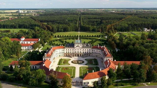 Cinematic revealing drone shot of the Palace Esterházy Kastély in Hungary
