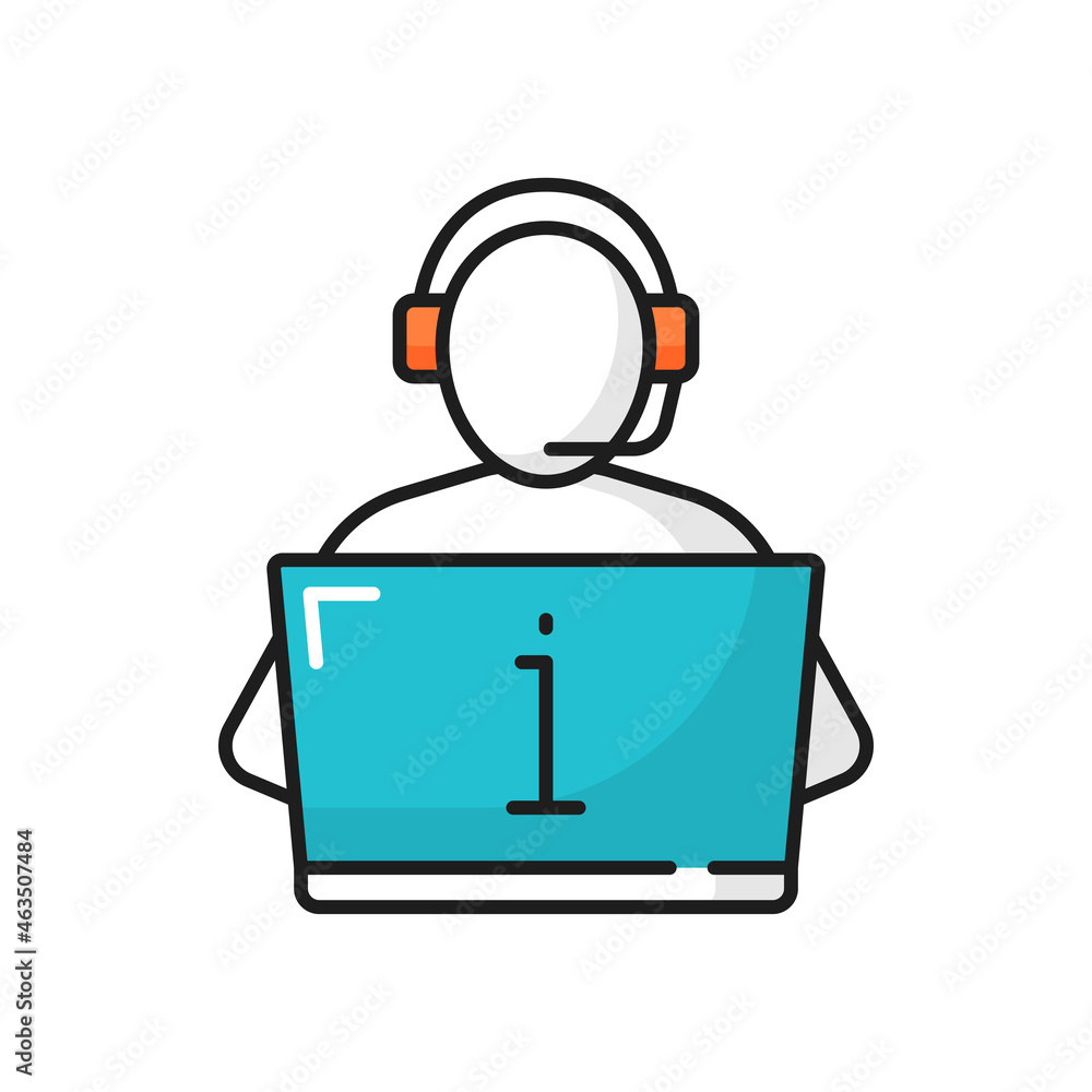 Aufkleber hotline assistant person in headphones at laptop isolated color line icon. vector call center hotlin