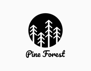 Simple circular silhouette forest logo of evergreen, pines, spruce, cedar. Rustic retro vintage design vector. Trees logo with line art design.