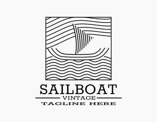 Sailboat vintage logo. The rustic retro design of boat. Sailboat marine with the wavy ocean. Line art illustration vector icon premium quality for coffee, beach, company, travel, museum, marine.