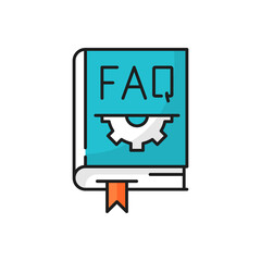 FAQ question book, gear and bookmark isolated icon. Vector closed help book with frequently asked questions and cogs settings mechanisms. Interrogation magazine, instruction guide, assistance