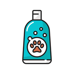 Cat shampoo bottle isolated pet animals hygiene cleaning pack thin line icon. Vector soft pets cosmetic pedigree beauty treatment. Grooming shower, bathing soap to wash cats, kittens and puppies fur