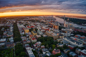 Aerial View of Downtown Savannah, Georgia during Sunset - obrazy, fototapety, plakaty