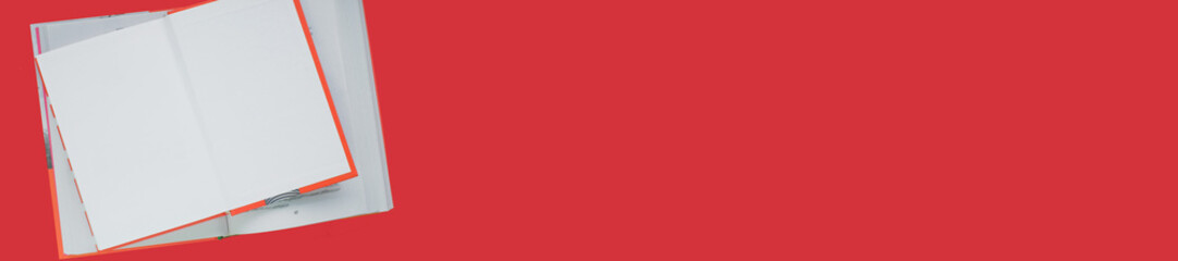 Book banner. Open blank books on a bright red background .Knowledge, learning. Reading and education. Bookstore banner