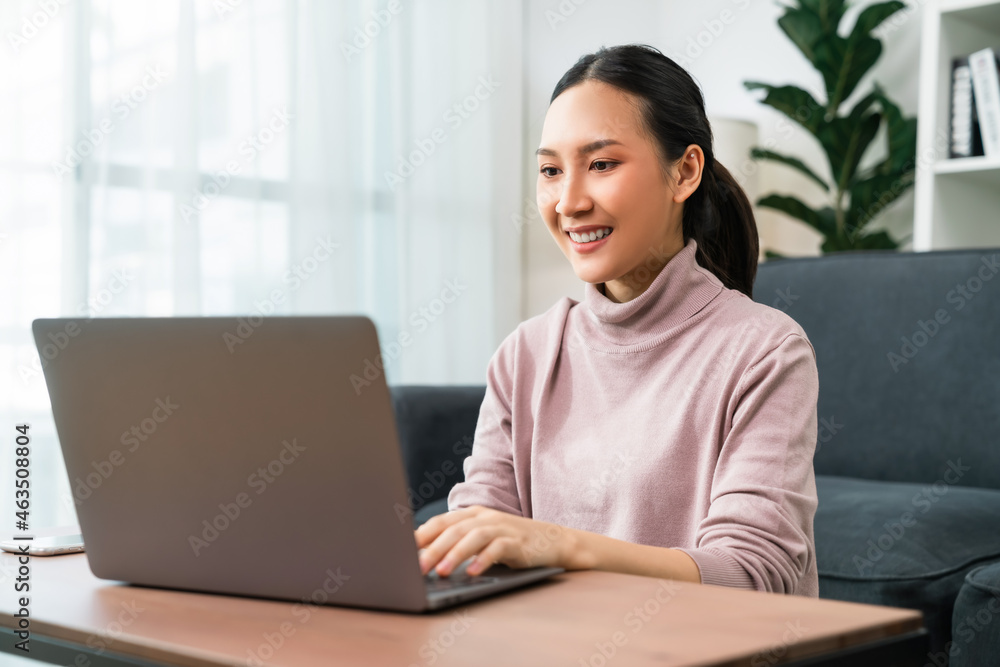 Aufkleber young happy woman sit on the sofa in house and using laptop computer with type on a keyboard.