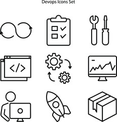 DevOps related editable stroke outline icons set isolated on white background vector illustration. Software systems development.