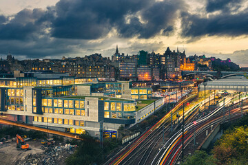Night Panoramic of Edinburgh Cityscape full of lights Edinburgh, Scotland UK. cityscape and tourism concept