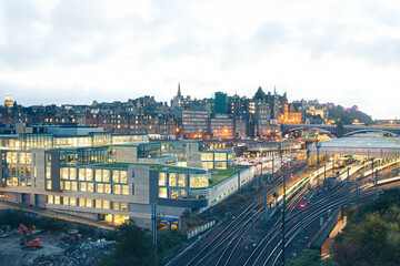 Naklejka na ściany i meble Night Panoramic of Edinburgh Cityscape full of lights Edinburgh, Scotland UK. cityscape and tourism concept