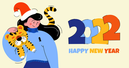  Illustration, greeting card,banner happy new year 2022 banner with tiger and girl In winter sweater, festive red cap of Santa Claus in doodle style, children's drawing. Symbol of the year.