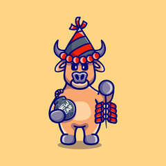 cute buffalo celebrates new year with firecrackers and bomb
