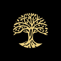 Tree of life icon logo design, gold branch with leaves vector illustration