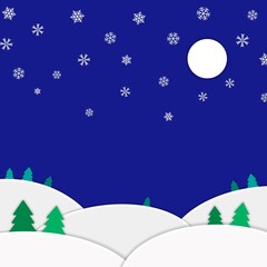 夜の雪景色のペーパークラフト風背景イラスト