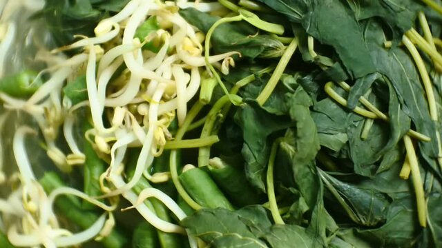close up video HD of sweet potato leaves, long beans and boiled bean sprouts for making pecel rice, a typical food from East Java, Indonesia