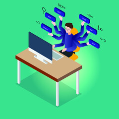Multitasking vector concept. Male programmer doing multitask with many hands while using a computer