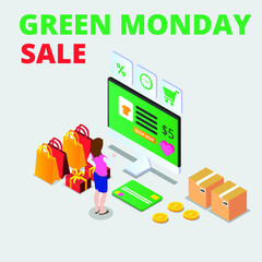 Green monday vector concept. Young woman animation shopping at green monday sale while using a computer monitor