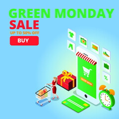 Green monday vector concept. Young woman using a mobile phone while shopping at green monday sale apps