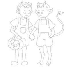 Halloween kids. Lovely boy and imp are holding hands. The boy has a pumpkin basket for sweets. Doodle style. Vector stock illustration isolated on white background.