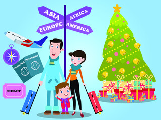 Christmas vector concept. Happy young family are ready to travel while standing with passport and airplane at Christmas time