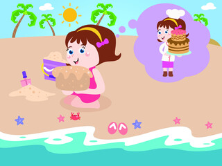 Dream job vector concept. Cute little girl playing sand on the beach while dreaming as a baker