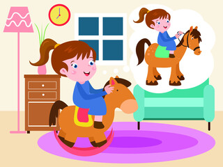 Dream vector concept. Cute little girl dreaming as an equestrian while riding a rocking horse at the home