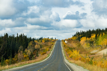 Fototapeta na wymiar Stunning fall season, autumn in northern Canada during September on road trip vibes with road driving towards clouds. 