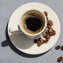 A cup of coffee in a white cup. coffee on a gray background with coffee beans top view. black aromatic coffee.