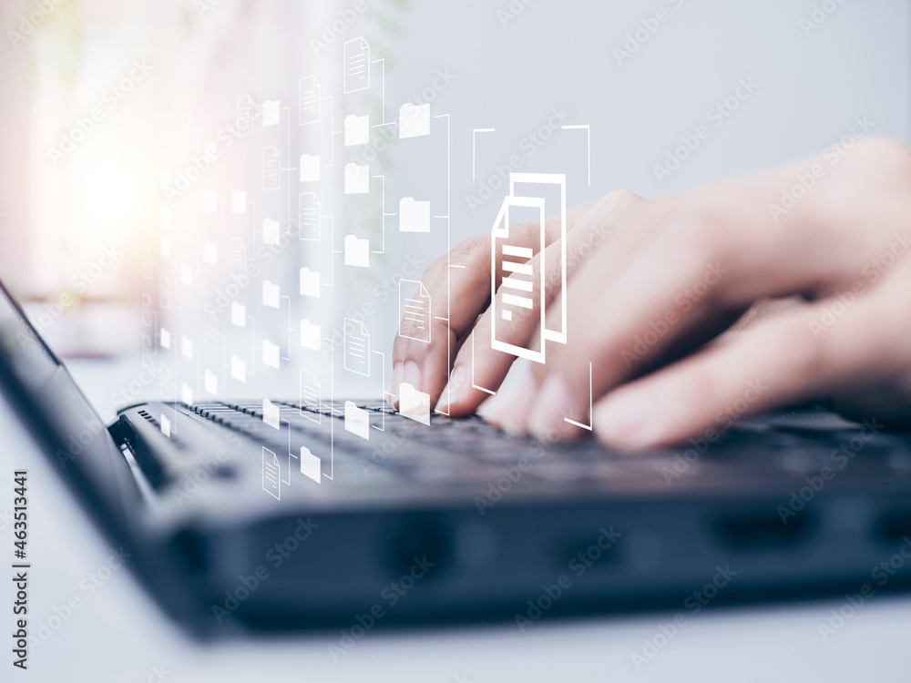 Poster document management. document file information and folders icons with businessman hands working on l